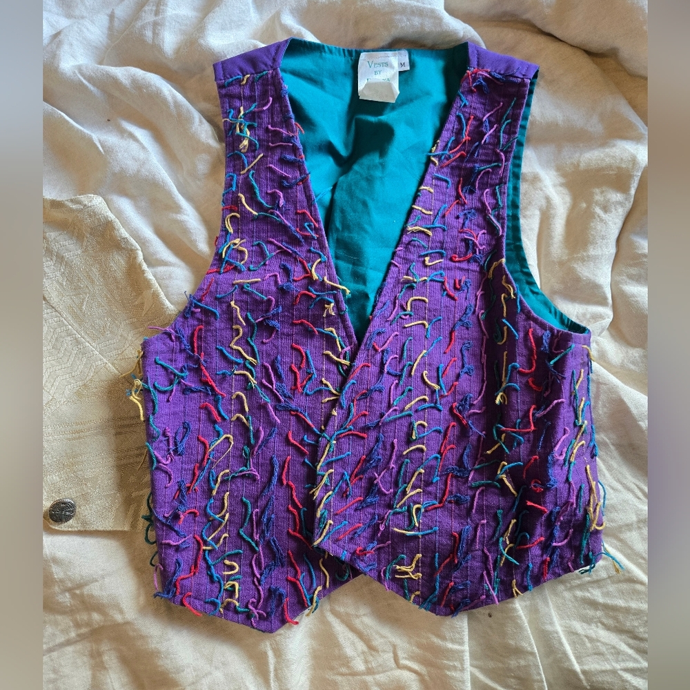 Vintage 90's Purple And Teal Vest With Colorful Fringe